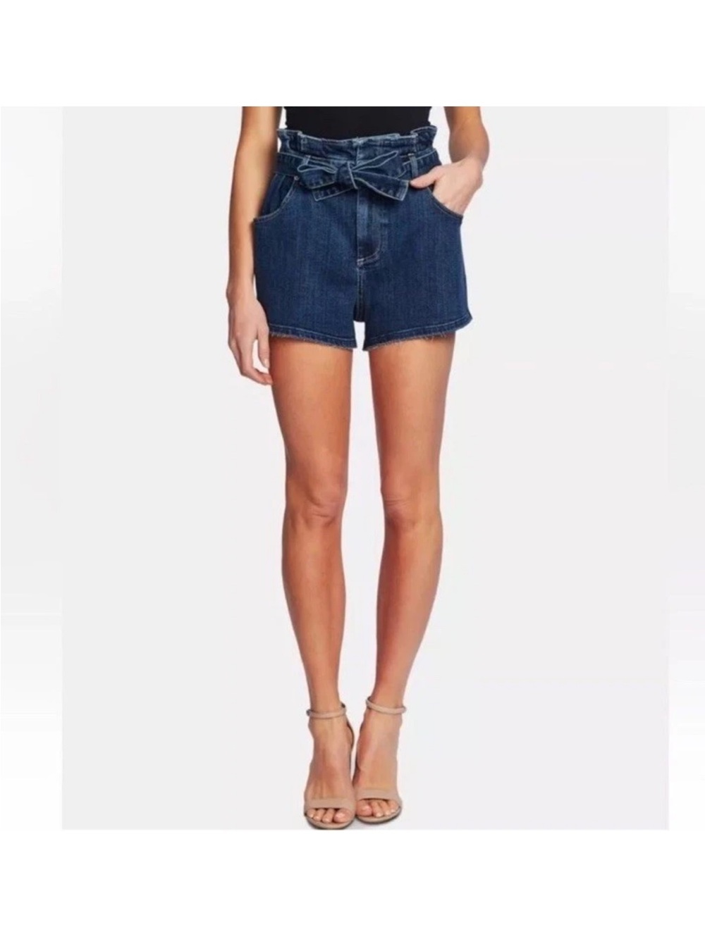 CeCe Dark Blue Denim Paperbag Shorts with Tie Waist